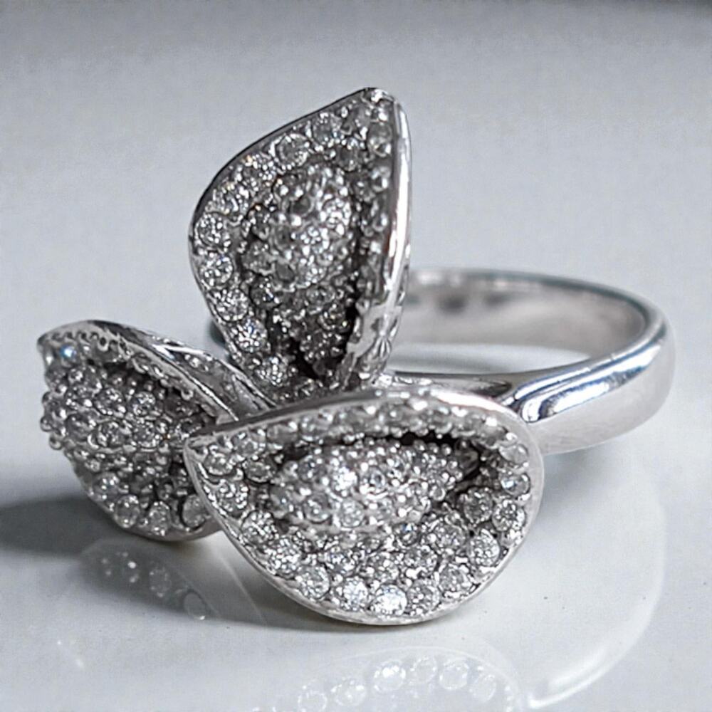 Vintage Joseph Esposito ESPO Sterling Silver Three Lily Floral Crystal Ring SZ 6